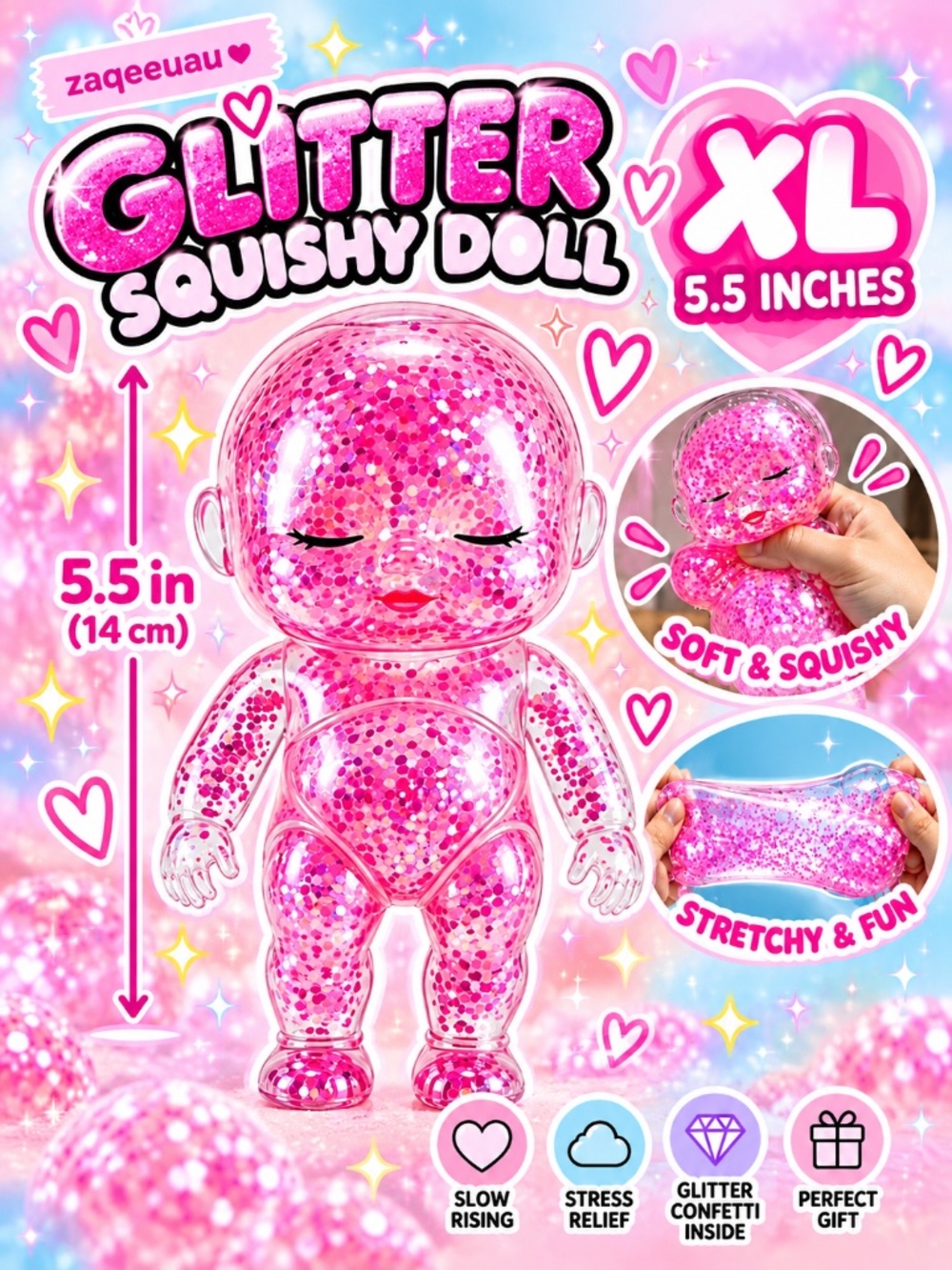 Huge! 5.5in Tall! Pink Glitter Squishy Doll